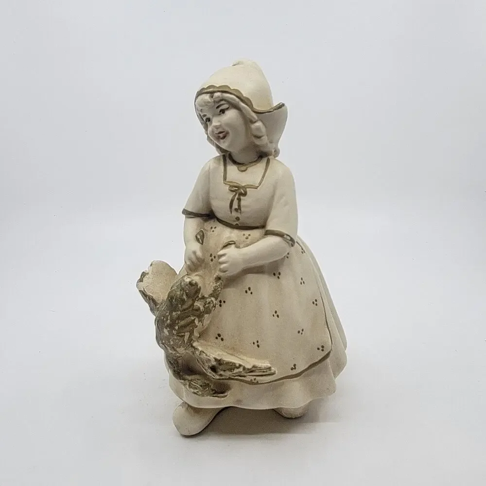 Vintage Antique Chalkware Dutch Girl with Goose Figure Figurine Sculpture
